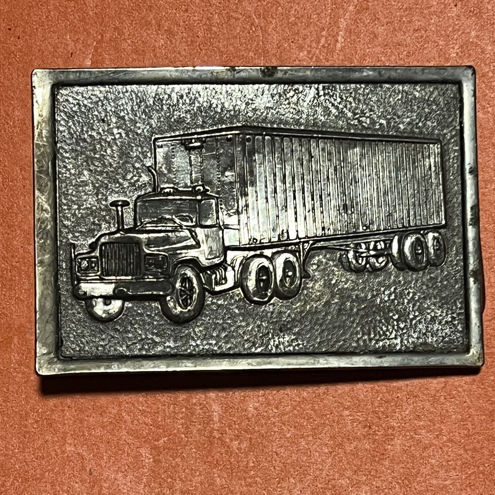 Vintage Silver Tone & Brass Metal Semi Truck18 Wheeler Belt Buckle Trucker